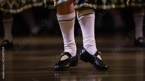 Irish dance riverdance. Irish dance shoes. Black patent leather shoes with straps and buckles. Long Irish socks with green stripes. A part of the skirt with a plaid pattern  photo