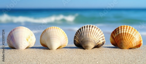 Four various colorful seashells lined up on sandy beach with ocean waves in the background Copy Space photo