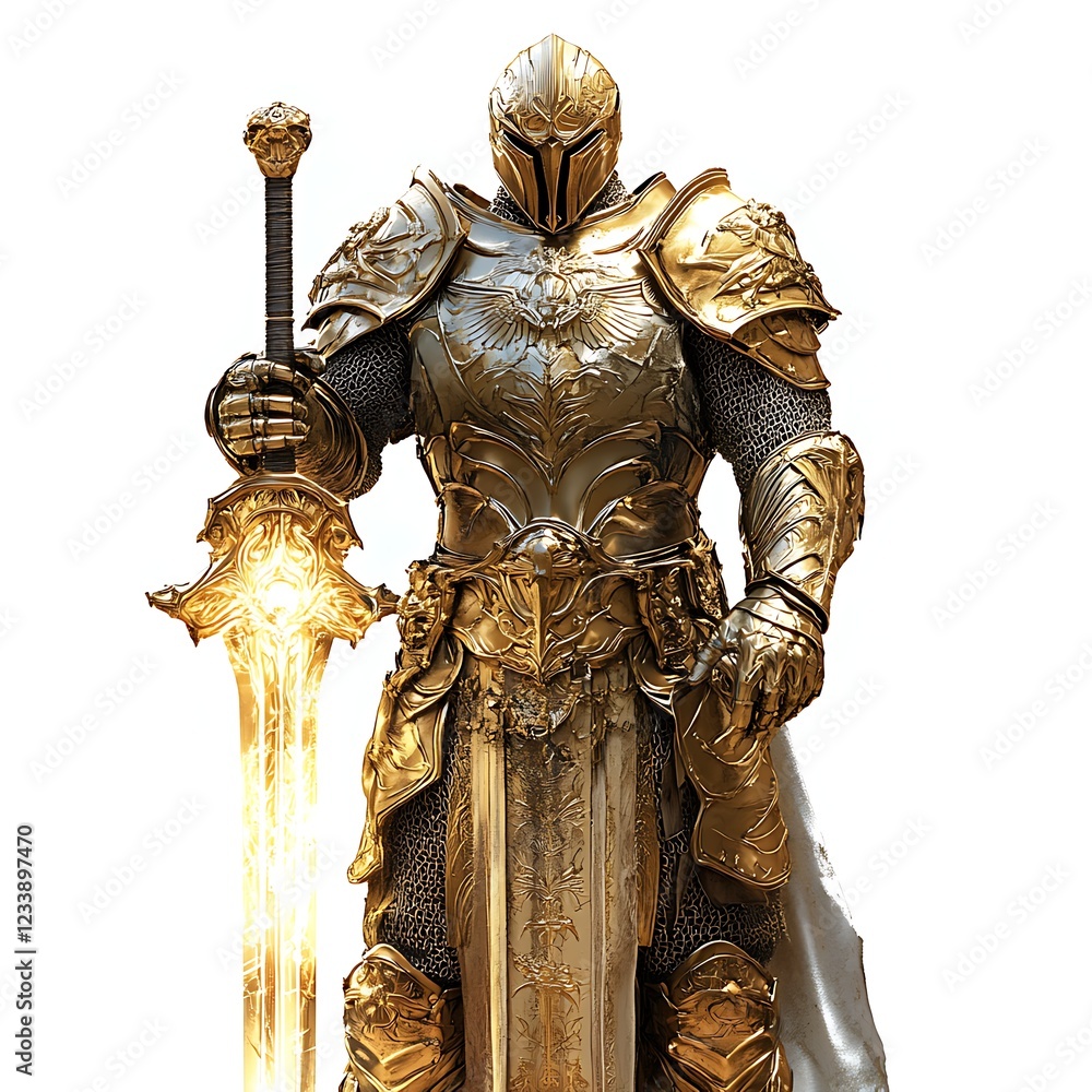 Golden Knight with Flaming Sword: A majestic knight in ornate golden armor stands resolute, holding a flaming sword, ready for battle. The image evokes power, courage, and a sense of epic fantasy. Golden Knight with Flaming Sword: A majestic knight in ornate golden armor stands resolute, holding a flaming sword, ready for battle. The image evokes power, courage, and a sense of epic fantasy.