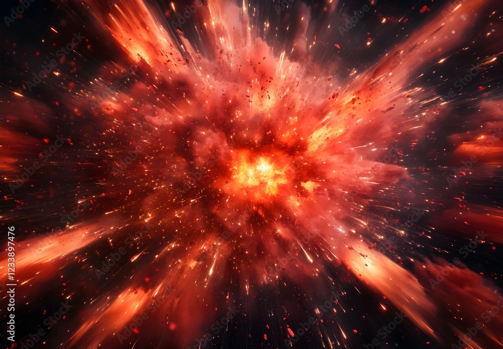 Fototapeta premium Red powder explosion, dark background, epic scene, hyper-realistic photography. 