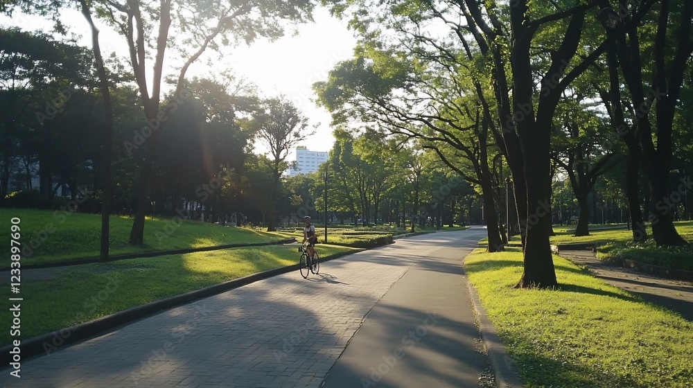 Fototapeta premium Serene Cyclist on Sun-Dappled Park Path
