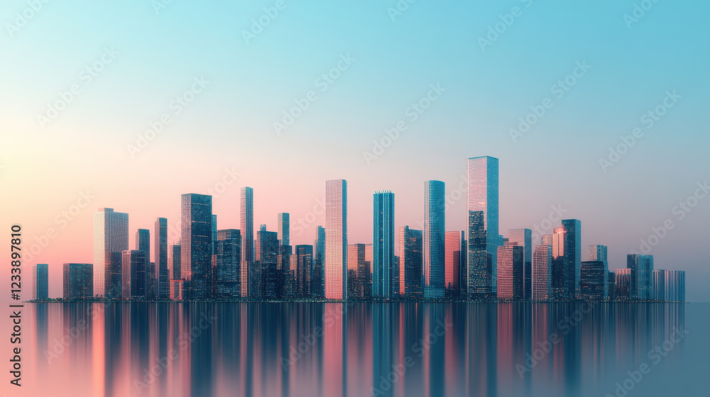 Futuristic city skyline reflecting on water at sunset with vibrant colors Futuristic city skyline reflecting on water at sunset with vibrant colors