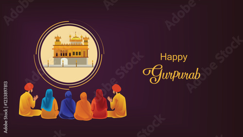 Happy Gurpurab Sikh Devotees Praying Illustration

