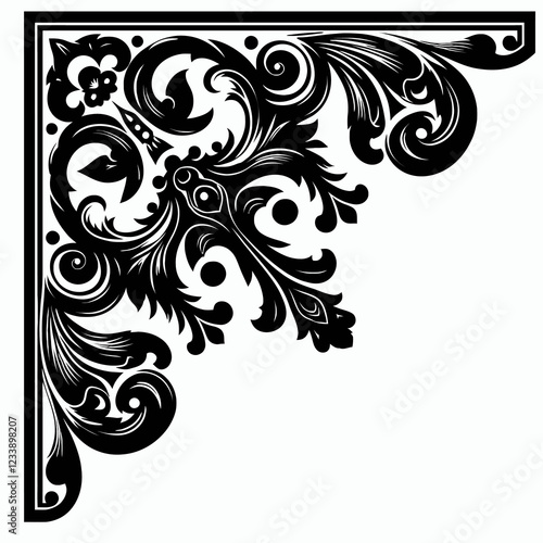 Ornate black and white decorative corner design element.