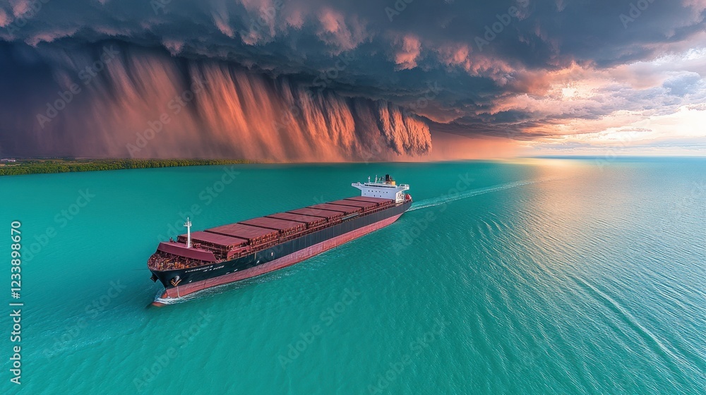 Naklejka premium Majestic Cargo Ship Sailing Towards a Dramatic Sunset Storm