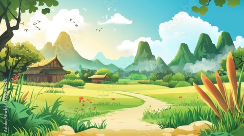 Serene Asian Village Landscape With Mountains And Winding Path