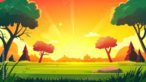 Serene Sunset Landscape With Trees And Grassland