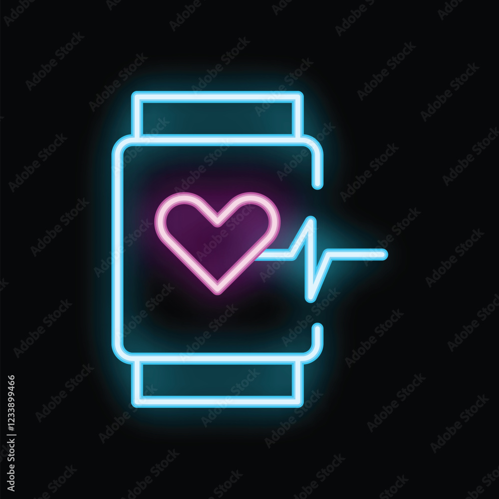 Neon smart watch showing heart beat rate symbol on dark background Neon smart watch showing heart beat rate symbol on dark background