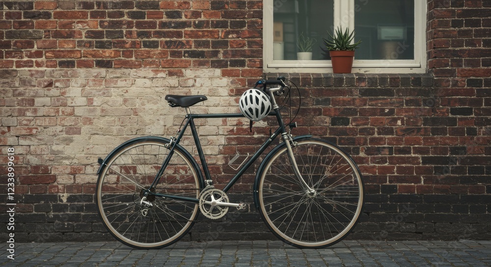 Classic Bicycle Leaning Against a Rustic Brick Wall with Potted Plants by Window in Urban Setting Classic Bicycle Leaning Against a Rustic Brick Wall with Potted Plants by Window in Urban Setting