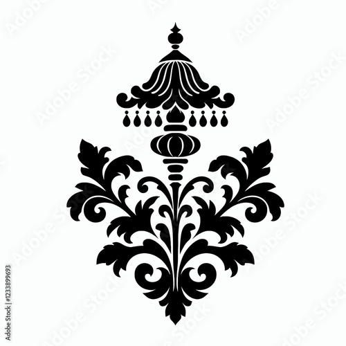 Ornate black decorative element with floral and chandelier design.