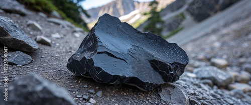 Velvety black phyllite stone in mountain trail with close up background photo