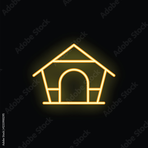 Bright yellow neon icon of a dog house is glowing on a black brick wall