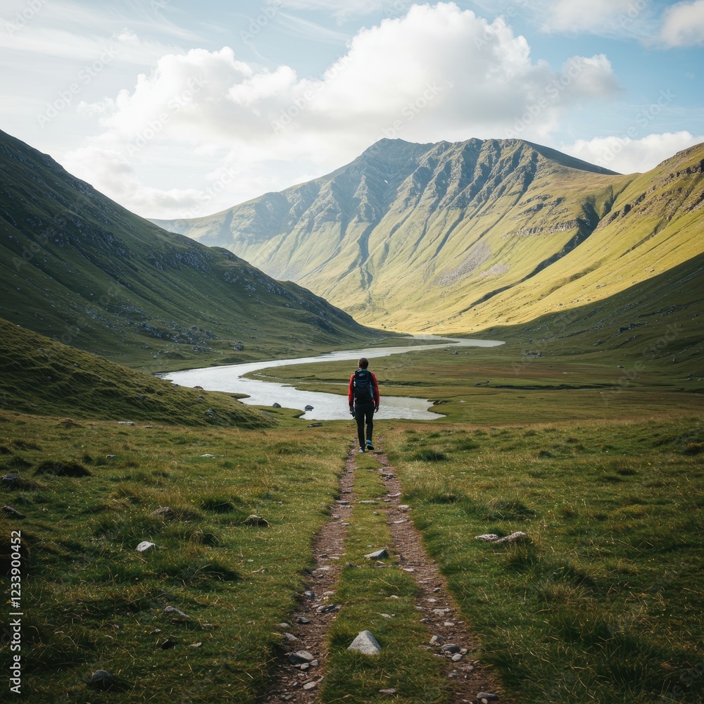 Obraz premium Scenic Mountain Landscape Photograph with Solo Hiker in Nature, Capturing Tranquility and Adventure