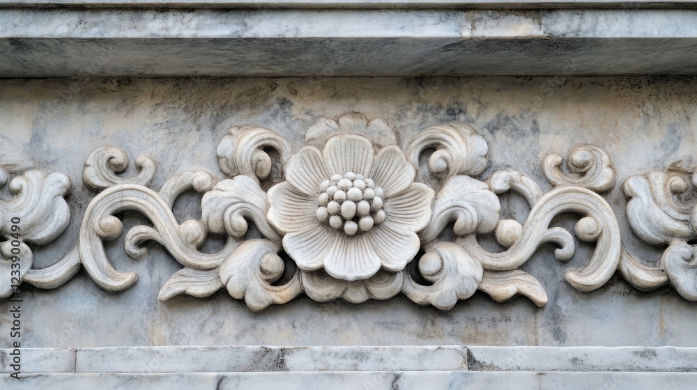 Ornate floral relief carving on marble wall with detailed scrollwork and intricate patterns Copy Space Ornate floral relief carving on marble wall with detailed scrollwork and intricate patterns Copy Space
