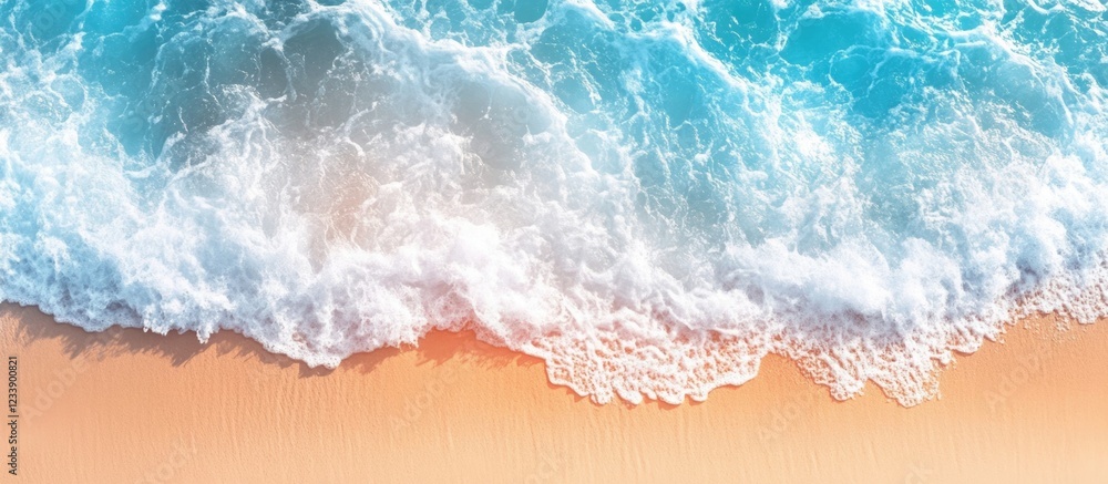 Aerial view of ocean waves crashing on a sandy beach with copy space for text Aerial view of ocean waves crashing on a sandy beach with copy space for text