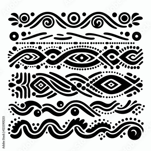 Black tribal pattern design with abstract shapes and ornaments.