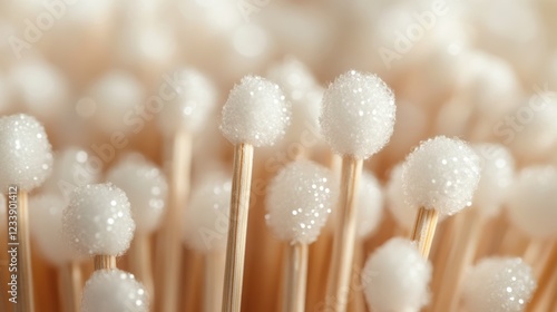 Close-up of cotton swabs with fuzzy tips on wooden sticks in soft focus Copy Space photo