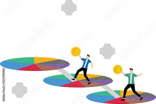 Chasing interests and profits, grabbing market share, business competition, businessmen running towards the top of the pie chart with gold coins in their hands