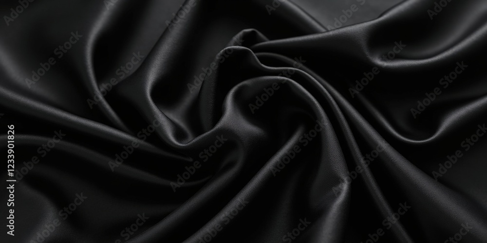 Fototapeta premium A close-up of luxurious black satin; its sleek, glossy sheen captivates. Slight wrinkles add elegance to the smooth, refined texture, showcasing sophistication in every detail