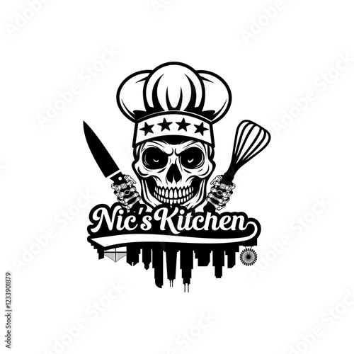 Logo Nic's Kitchen with skull vintage and skyline City Chicago restaurant Design vector