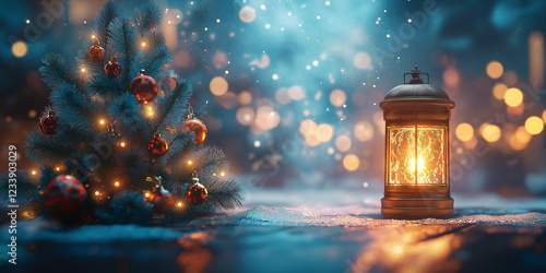 Enchanting christmas lantern and tree cozy winter night holiday decor magical atmosphere close-up view warm glow photo