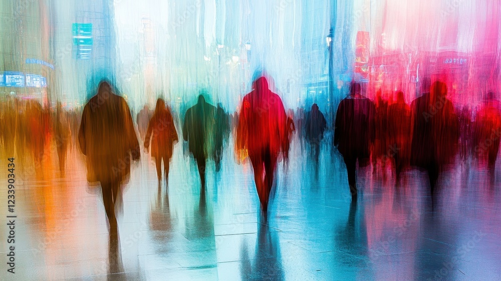 Obraz premium Dynamic street scene of blurry figures walking urban center photography colorful environment artistic perspective