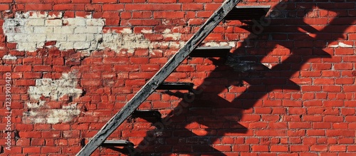 Red brick wall with a metal ladder casting its shadow on the surface Copy Space photo