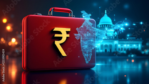 union budget' illustration on digital map of India. Budget briefcase with Indian map background, economy growth, indian currency. Budget 2025- 2026