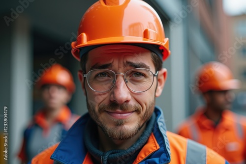 A Group of Construction Workers in Orange Safety Gear with Hard Hats Smiling at the Camera While Working on a City Project photo