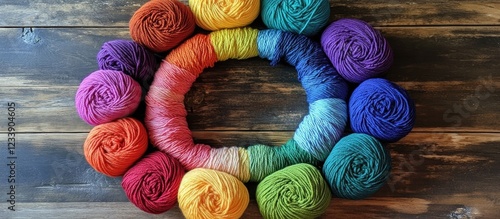 Colorful yarn balls arranged in a circular pattern on rustic wooden background with copy space for text placement photo