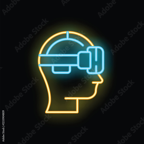 Glowing neon line icon of a human head wearing virtual reality glasses in a side view