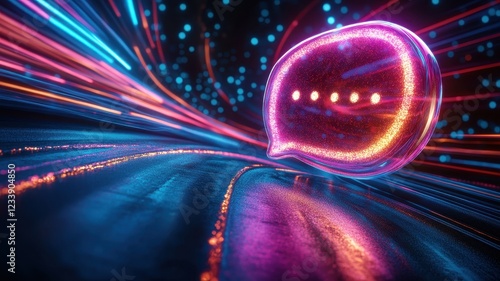 Dynamic floating chat bubble with glossy surface vibrant colors 3d digital art futuristic environment
