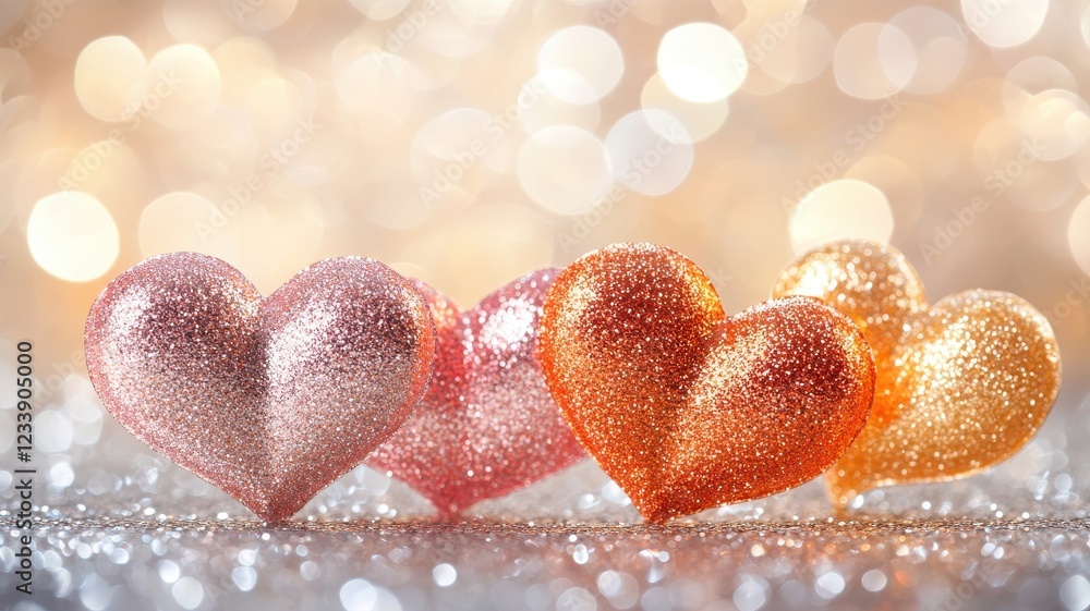 Fototapeta premium Heart-shaped arrangement of glossy ribbon hearts on standard background festive theme close-up view
