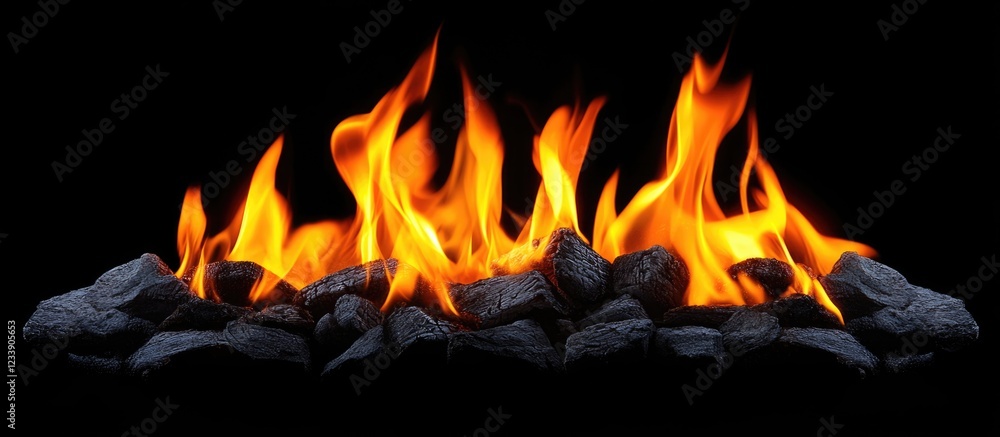Fire flames with glowing charcoal on a black background ideal for cooking or heating themes Copy Space Fire flames with glowing charcoal on a black background ideal for cooking or heating themes Copy Space