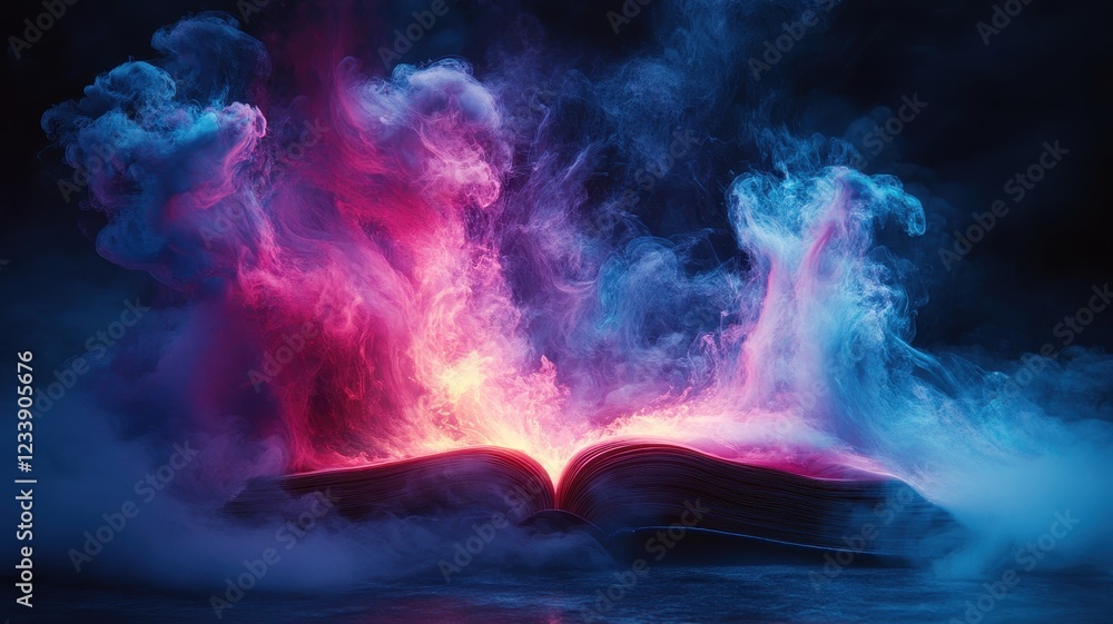 Fototapeta premium Mystical book emitting colorful beams of light in enchanted forest fantasy illustration nighttime surreal concept