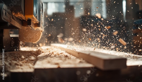 Woodworking shop planing machine cuts lumber, sawdust flies (1)