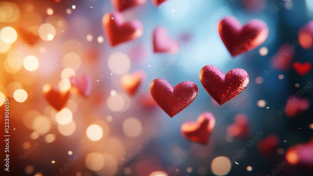 Floating red and pink heart-shaped confetti romantic celebration abstract background soft focus love concept Floating red and pink heart-shaped confetti romantic celebration abstract background soft focus love concept