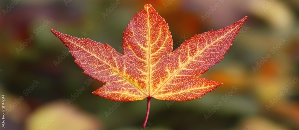 Obraz premium Close-up of a vibrant red maple leaf on blurred autumn background
