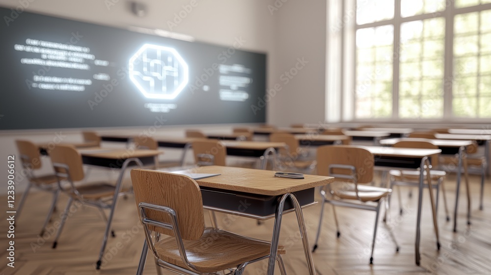 Innovative learning futuristic classroom holographic displays modern education interior design engaging atmosphere Innovative learning futuristic classroom holographic displays modern education interior design engaging atmosphere