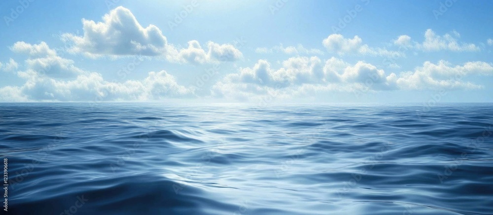 Fototapeta premium Vast ocean surface under a clear blue sky with soft clouds and sunlight reflection, ideal for backgrounds with Copy Space