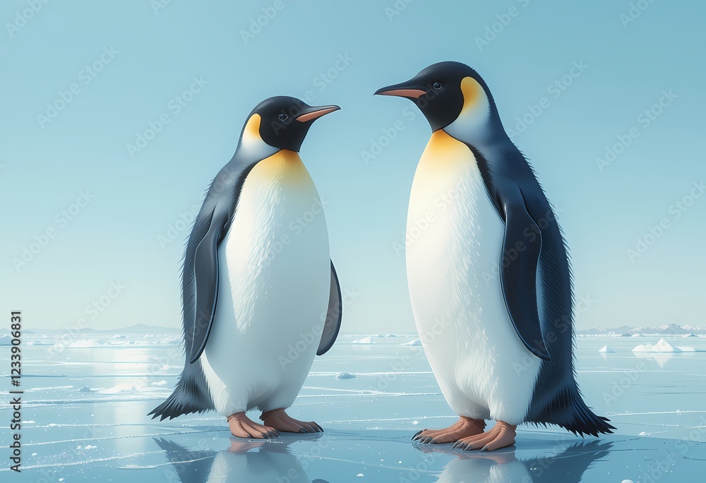 Fototapeta premium Pair of Emperor Penguins facing each other on ice floe.