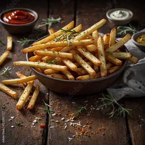 Homemade potato french fries Fried French fries on a wooden plate with sauce, tantalizing fast food snack of beef tallow fries on a wooden table, a tempting and mouth-watering concept that will surely photo