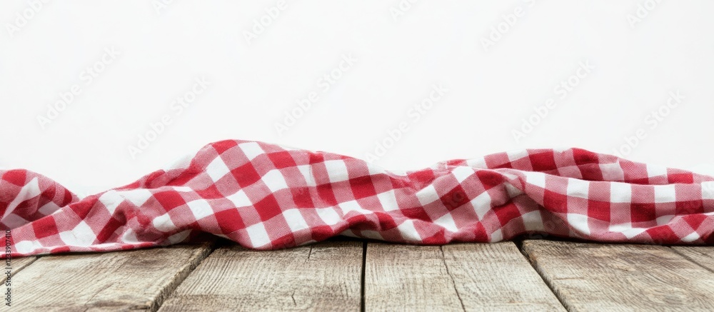 Fototapeta premium Red and white checkered tablecloth draped on wooden table with white background and ample copy space.