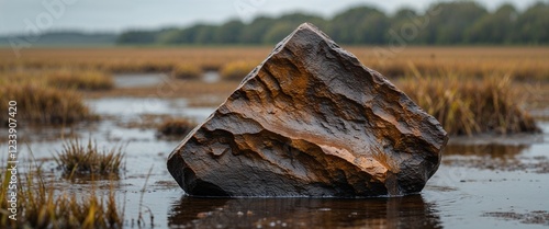 Burnt umber bog iron stone in marsh with close up background photo