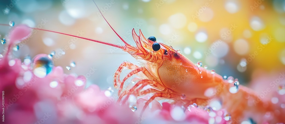 Close-up of colorful shrimp with water droplets on vibrant coral background Copy Space Close-up of colorful shrimp with water droplets on vibrant coral background Copy Space