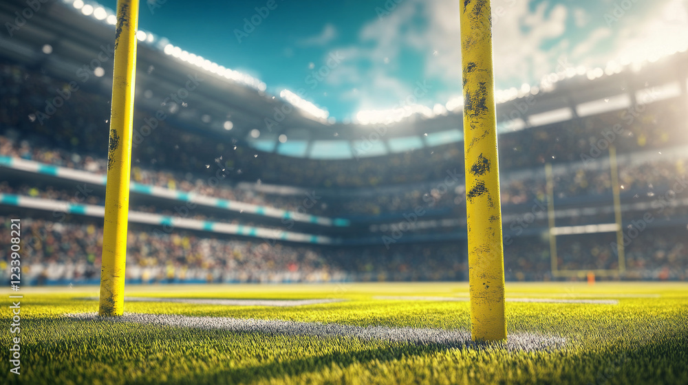 Fototapeta premium American football arena with yellow goal post, grass field and blurred fans at playground view. 3D render. Flashlights. Concept of outdoot sport, football, championship, match, game space