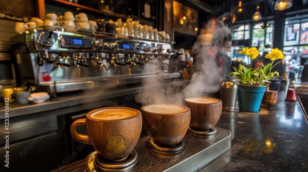 Fototapeta premium Steaming Coffee Cups at a Trendy Coffee Shop