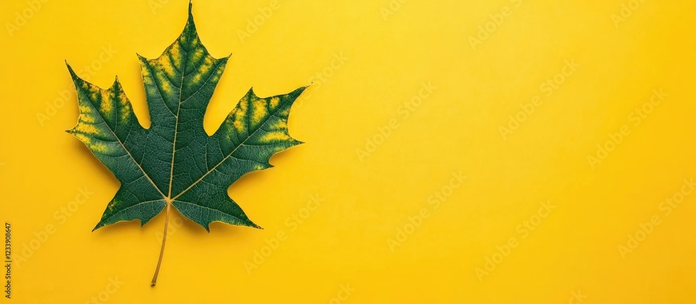 Fototapeta premium Green maple leaf on a vibrant yellow background with ample copy space for text placement.