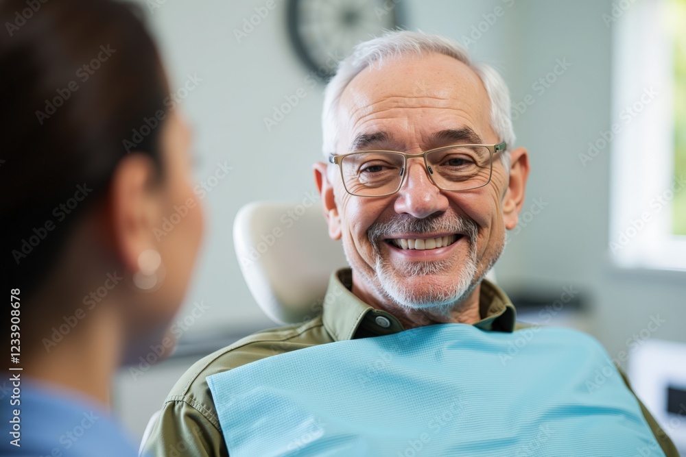 A Cheerful Elderly Man in a Dental Clinic Smiling at a Professional Dental Hygienist During an Oral Examination A Cheerful Elderly Man in a Dental Clinic Smiling at a Professional Dental Hygienist During an Oral Examination