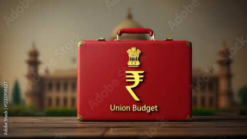 Union budget of India illustration with red briefcase Rupees symbol on it, Indian architectural building in background.
